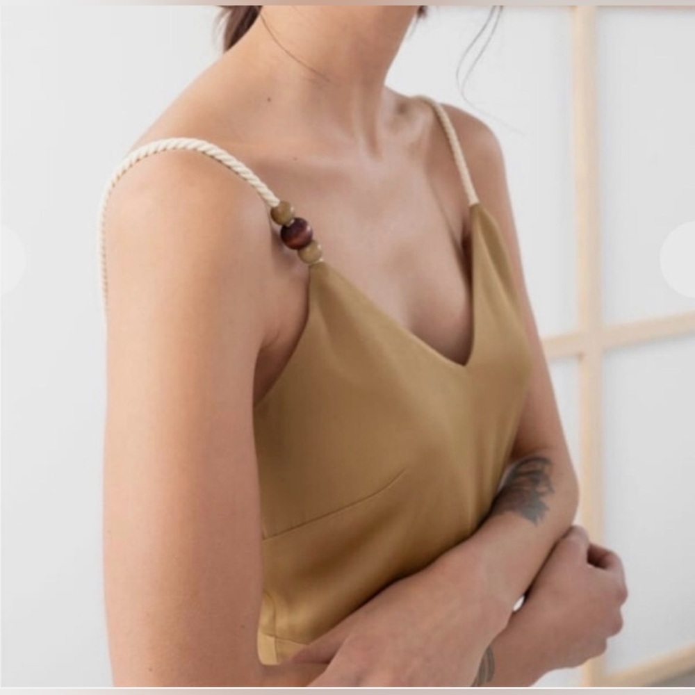 & OTHER STORIES Rope Strap Midi Satin Slip Dress Wedding Guest Cocktail Tan Sz 4 - Picture 3 of 14